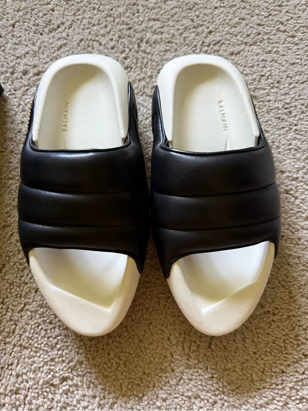 Balmain Black Leather Slides with White Sole and Gold Logo